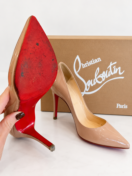 Pre loved CHRISTIAN LOUBOUTIN PIGALLE 100 PATENT CALF – NUDE SIZE 4