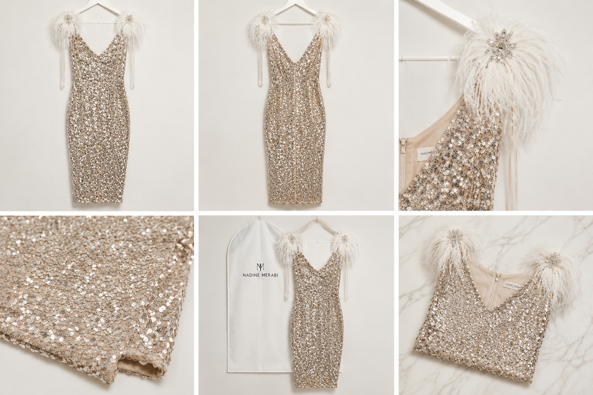 Brand New* Nadine Merabi Feather Sequin Midi RRP €460