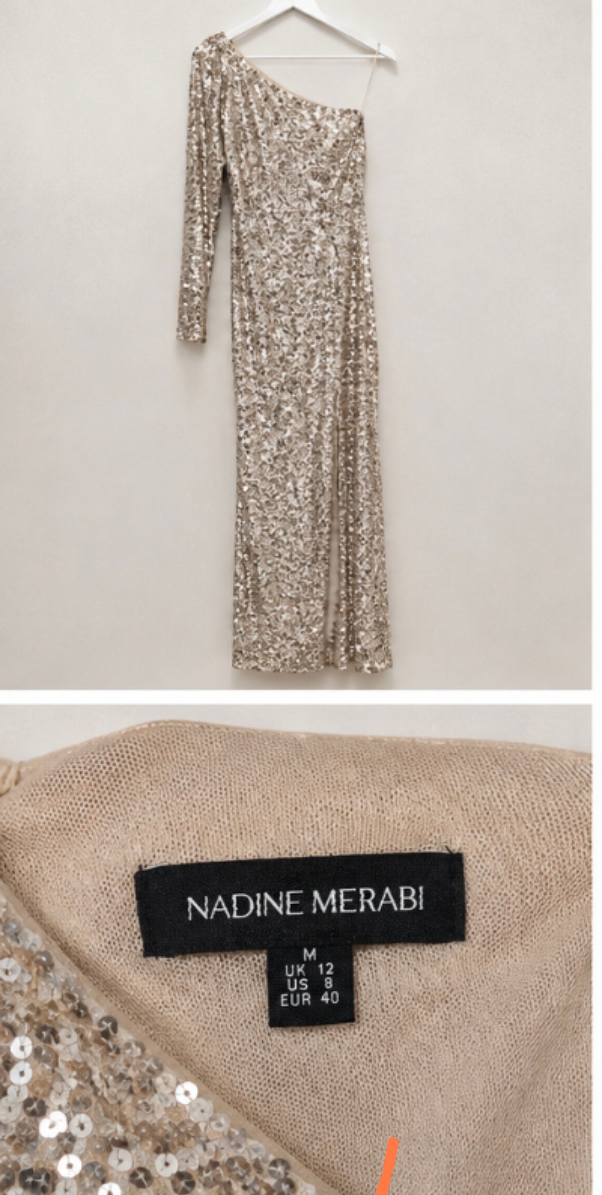 *Worn Once Nadine Merabi Mina Gold Sequin One-Shoulder Gown Size 12 RRP €590