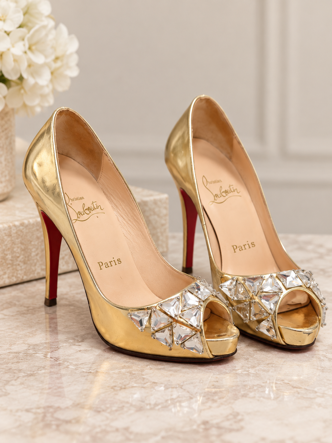 Pre owned Size 38 Christian Louboutin Bling Bling Gold Crystal Peep-Toe Heels RRP €1,400