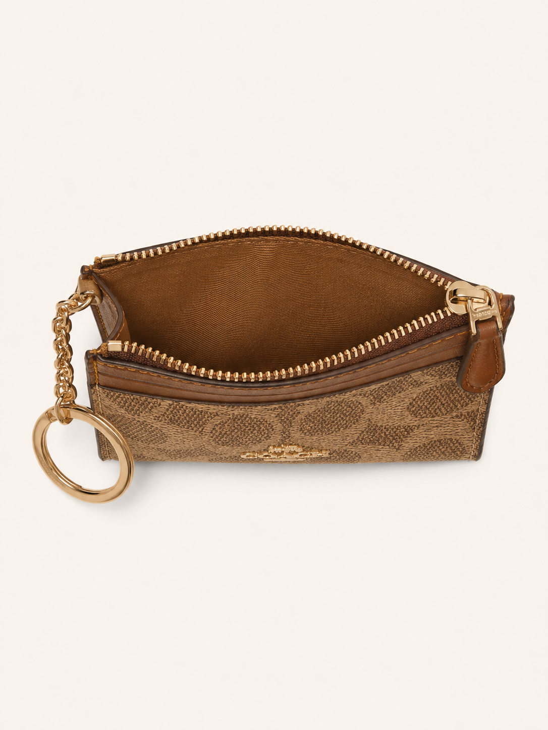 New*Coach Signature Canvas Zip Card & Key Holder – Khaki/Brown