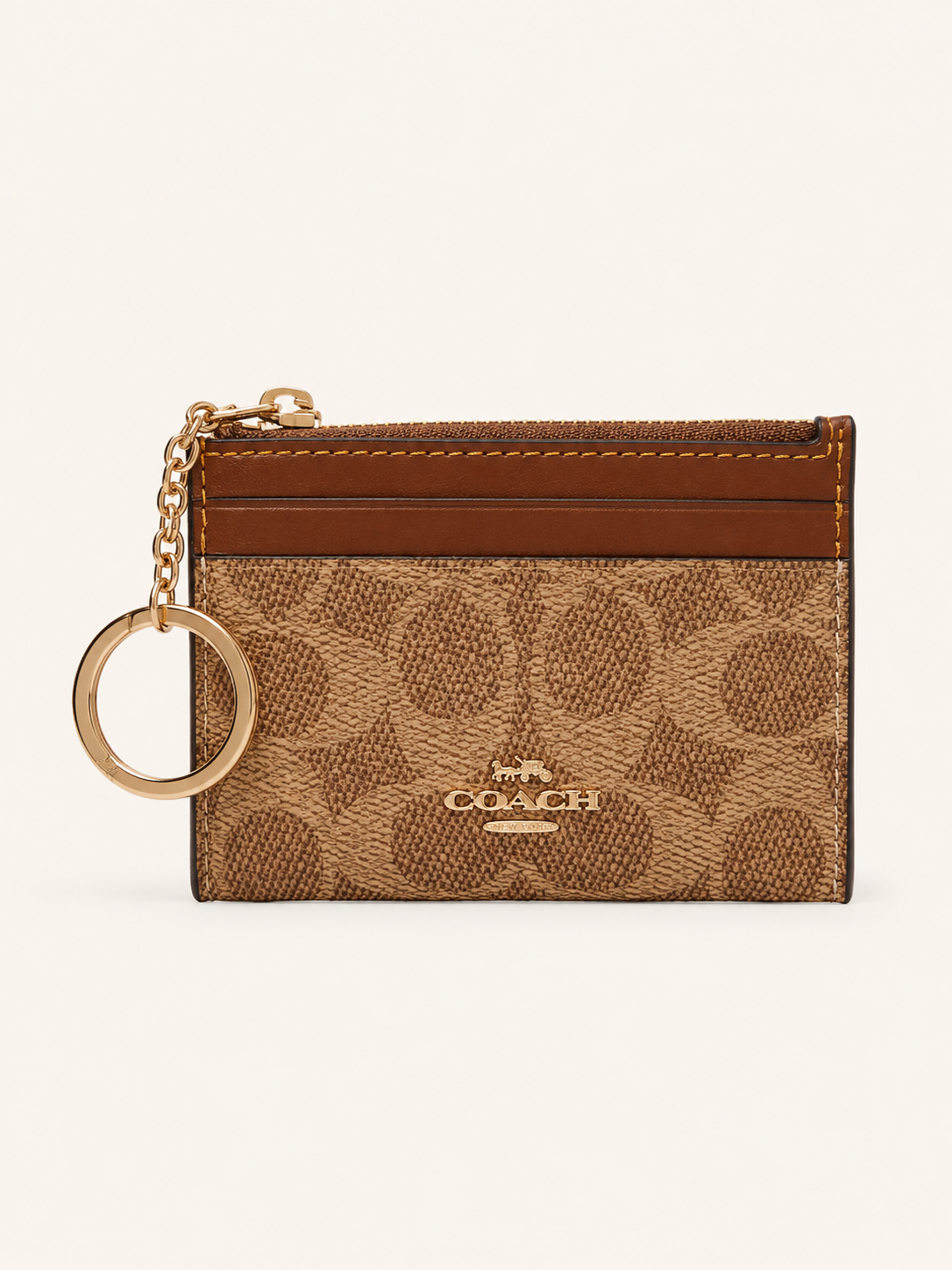 New*Coach Signature Canvas Zip Card & Key Holder – Khaki/Brown