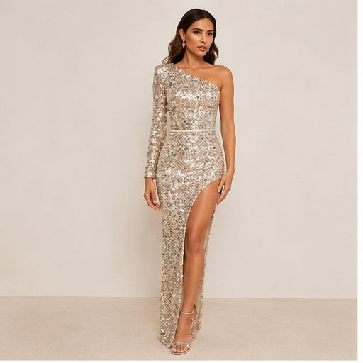 *Worn Once Nadine Merabi Mina Gold Sequin One-Shoulder Gown Size 12 RRP €590