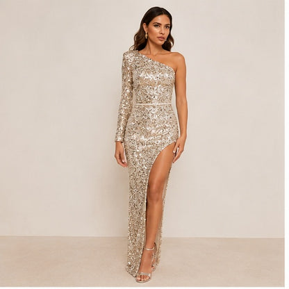 *Worn Once Nadine Merabi Mina Gold Sequin One-Shoulder Gown Size 12 RRP €590