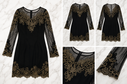 Pre-Love Excellent Karen Millen Black & Gold Embroidered Mesh Dress