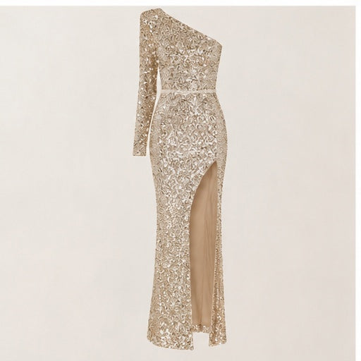 *Worn Once Nadine Merabi Mina Gold Sequin One-Shoulder Gown Size 12 RRP €590