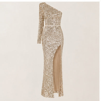 *Worn Once Nadine Merabi Mina Gold Sequin One-Shoulder Gown Size 12 RRP €590