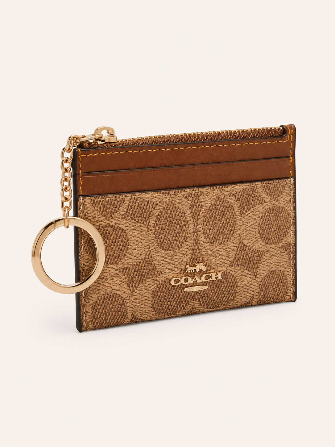 New*Coach Signature Canvas Zip Card & Key Holder – Khaki/Brown
