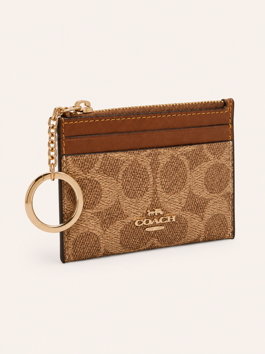 New*Coach Signature Canvas Zip Card & Key Holder – Khaki/Brown