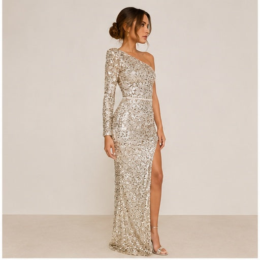 *Worn Once Nadine Merabi Mina Gold Sequin One-Shoulder Gown Size 12 RRP €590