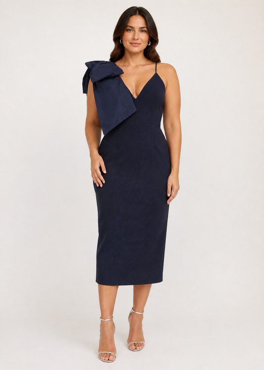 Rebecca Vallance Navy Statement Bow Midi Dress – Size 14 RRP €650