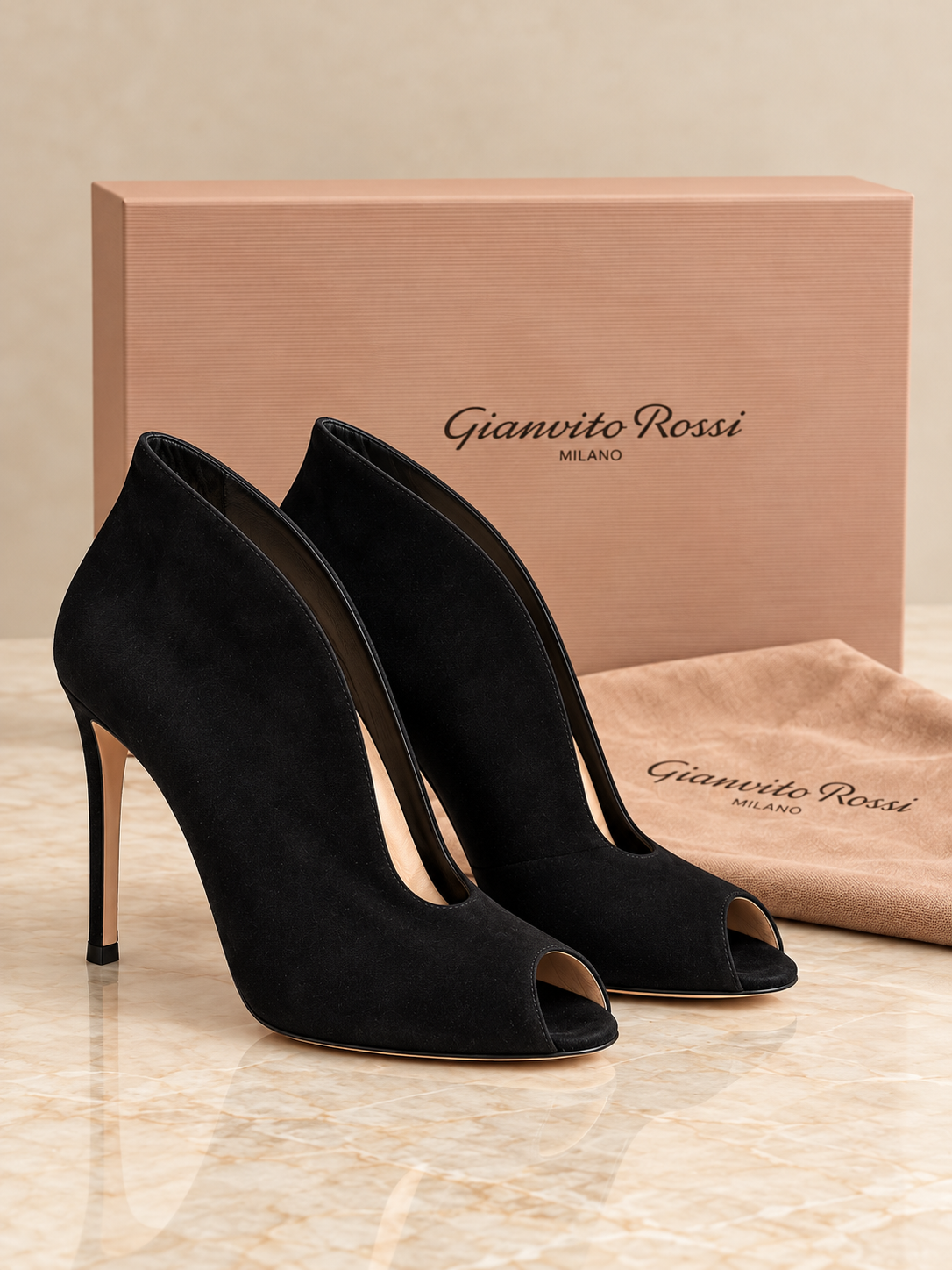 Pre loved Gianvito Rossi Black Suede Peep Toe Size 38