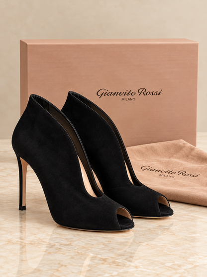 Pre loved Gianvito Rossi Black Suede Peep Toe Size 38