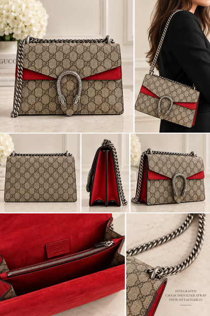 PRE LOVED - Gucci Dionysus GG Supreme Shoulder Bag – Red Suede RRP €2,700