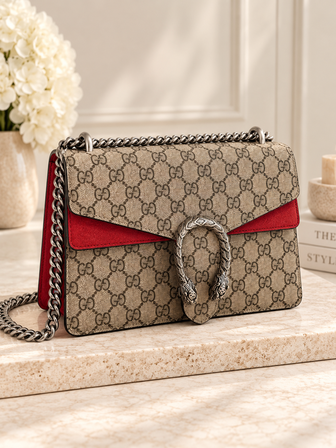 PRE LOVED - Gucci Dionysus GG Supreme Shoulder Bag – Red Suede RRP €2,700