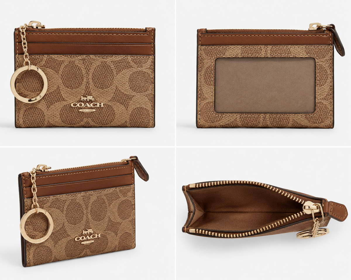 New*Coach Signature Canvas Zip Card & Key Holder – Khaki/Brown