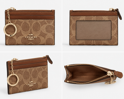 New*Coach Signature Canvas Zip Card & Key Holder – Khaki/Brown