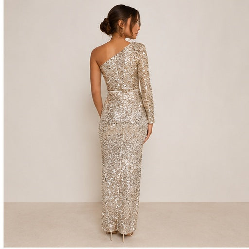 *Worn Once Nadine Merabi Mina Gold Sequin One-Shoulder Gown Size 12 RRP €590