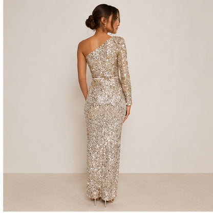 *Worn Once Nadine Merabi Mina Gold Sequin One-Shoulder Gown Size 12 RRP €590