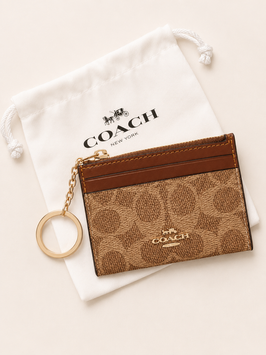 New*Coach Signature Canvas Zip Card & Key Holder – Khaki/Brown