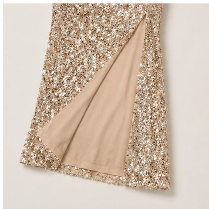 *Worn Once Nadine Merabi Mina Gold Sequin One-Shoulder Gown Size 12 RRP €590