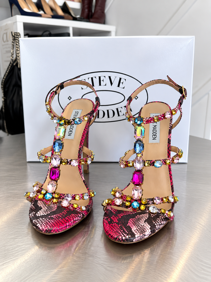 New Steve Madden Majestyc Pink Snake Print Jewelled Heels size 6
