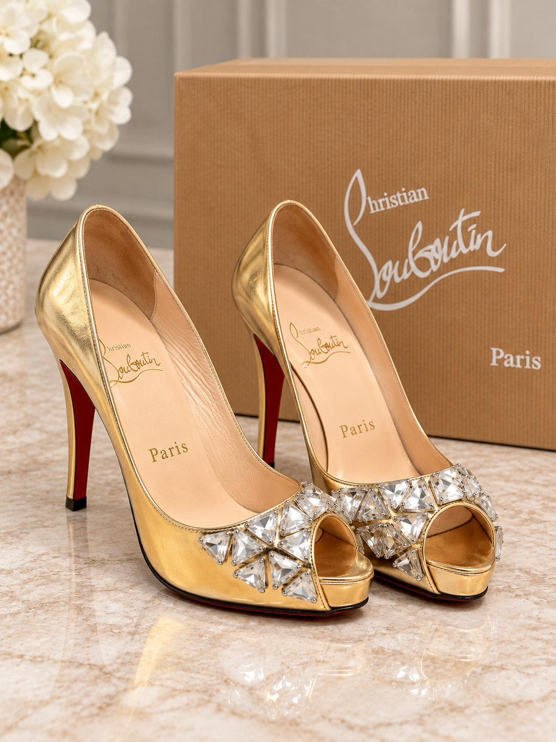 Pre owned Size 38 Christian Louboutin Bling Bling Gold Crystal Peep-Toe Heels RRP €1,400